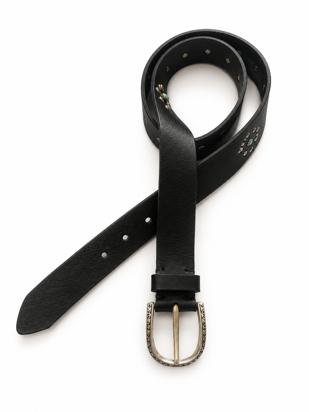 Cintura in pelle nera con borchie argentate e pietre turchesi | Pure Motion
