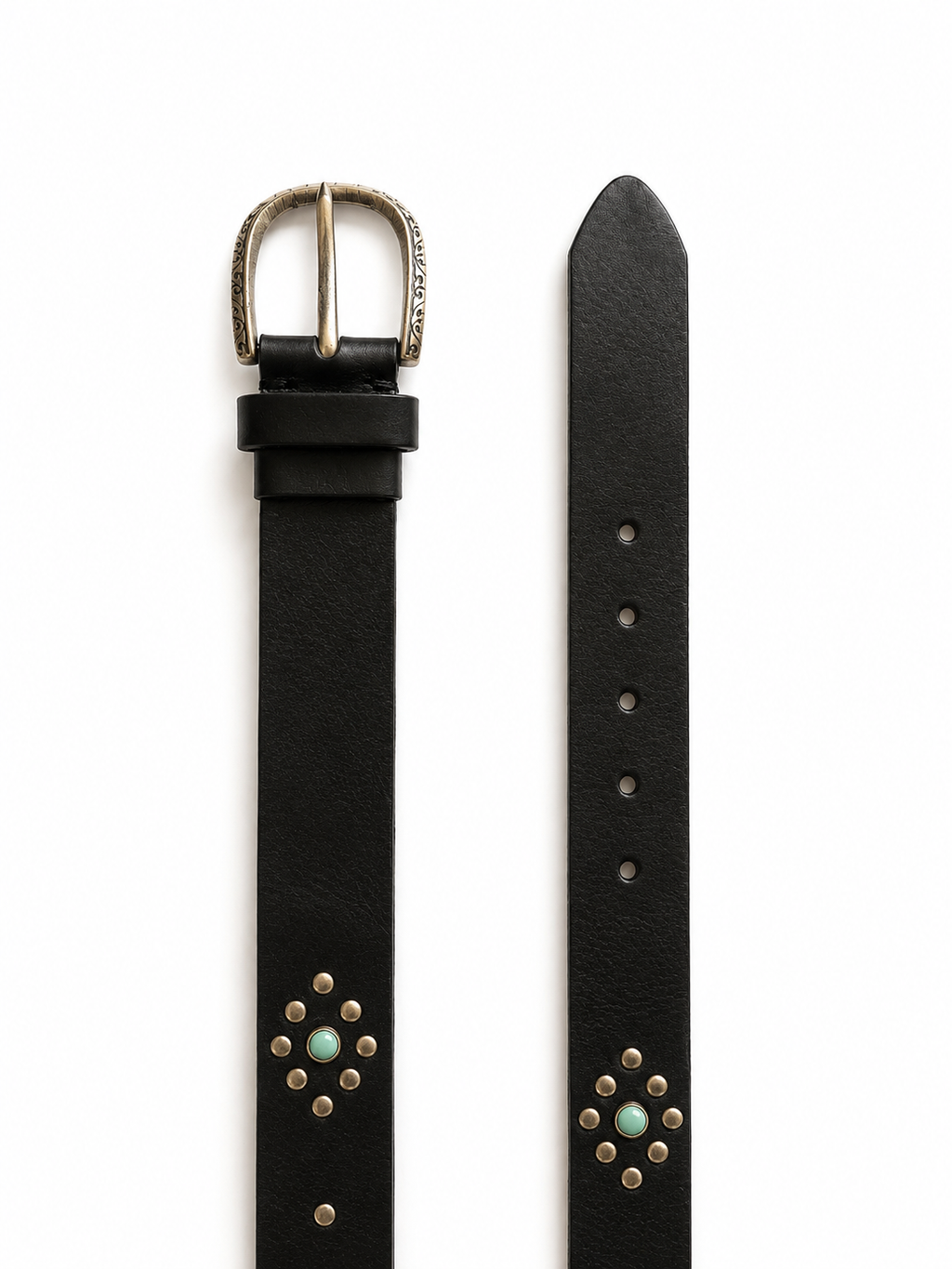 Cintura in pelle nera con borchie argentate e pietre turchesi | Pure Motion