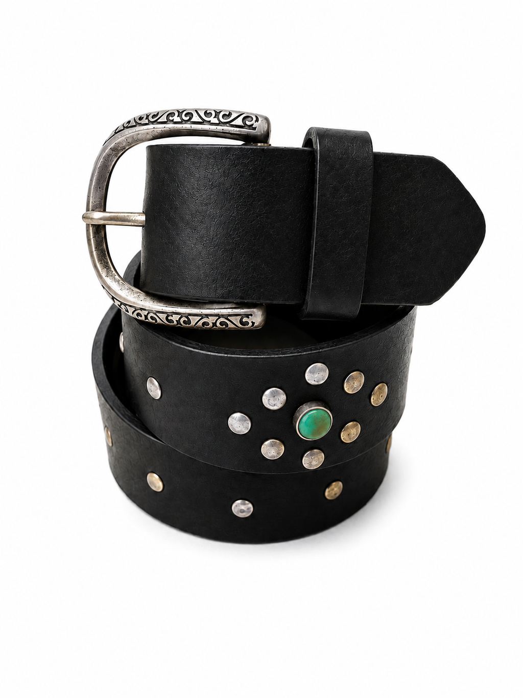 Cintura in pelle nera con borchie argentate e pietre turchesi | Pure Motion