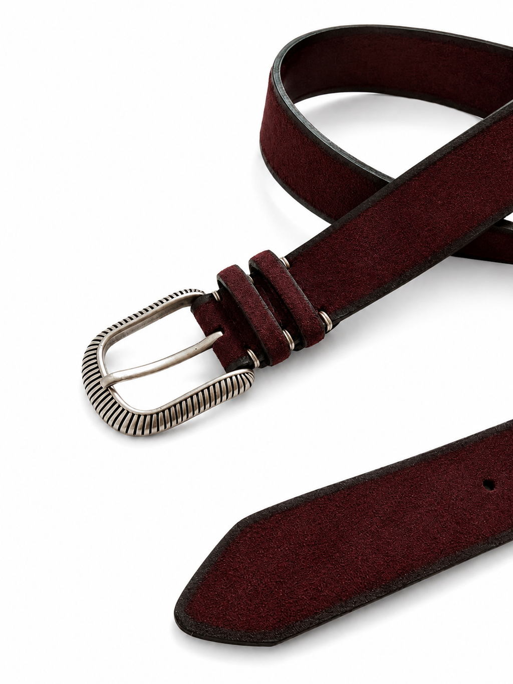 Cintura in pelle bordeaux con fibbia argentata incisa | Pure Motion